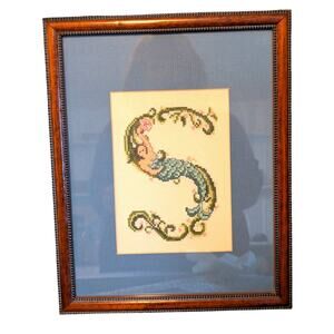 Mermaid Cross Stitch Initial 'S' Blue Mat Framed Art